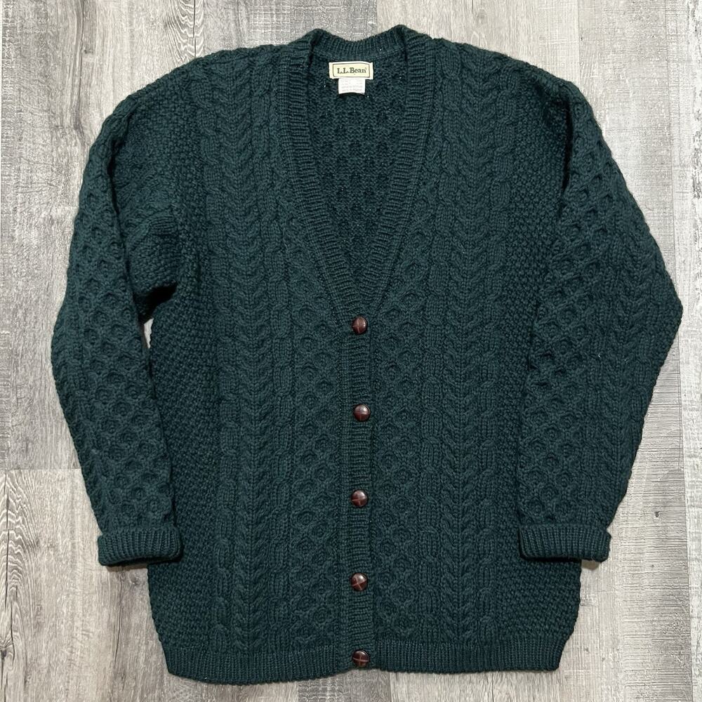 Vintage L.L. Bean Cable Knit Cardigan Sweater Green Ireland Chunky Knit Heavy M